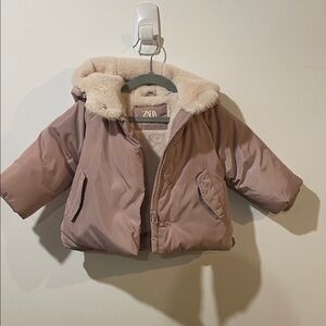 Zara Kids Blush Puffer with faux Fur alining  Coat 1-2 Years
